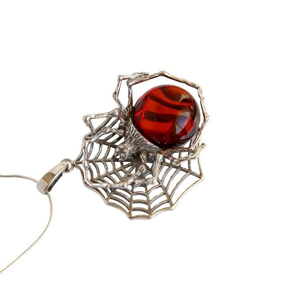 Baltic Cherry Amber Spiderweb Pendant in 925 Sterling Silver - Picture 3 of 5